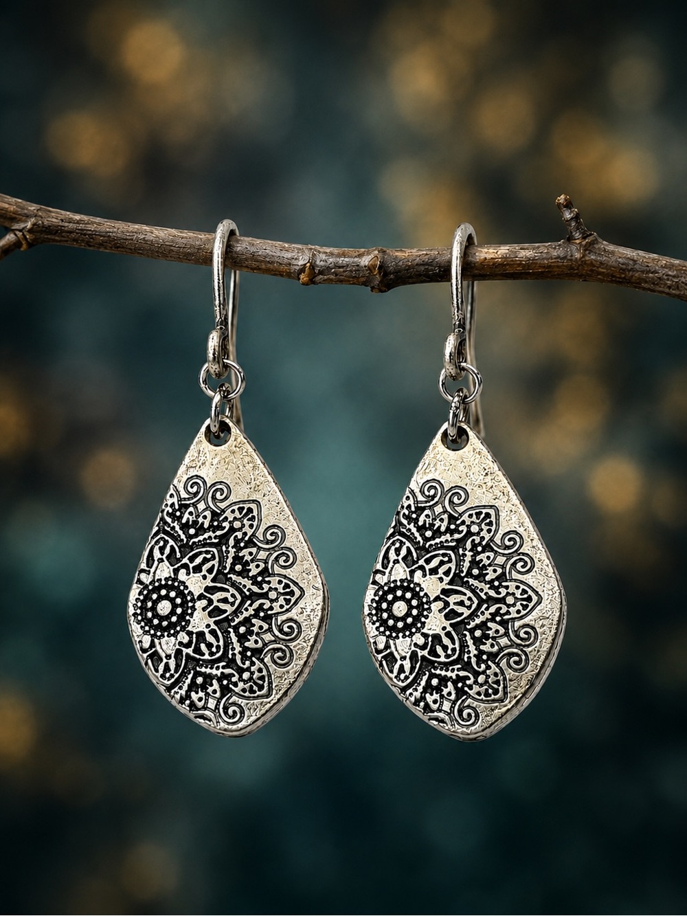 Antiqued Silver Floral Teardrop Artisan Dangle Earrings